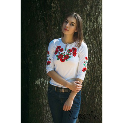 Embroidered t-shirt with 3/4 sleeves "Meadow of Poppies" on white